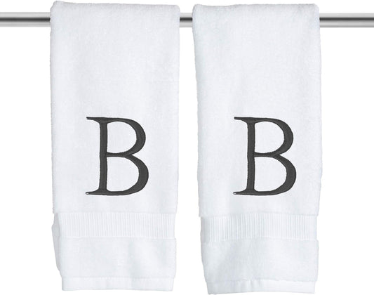Dark Gray and White Bathroom Hand Towel - Monogrammed Luxury Hotel Quality Decorative Embroidered Towel for Powder Room, Spa - GOTS Organic Certified - Pack of 2, Letter B