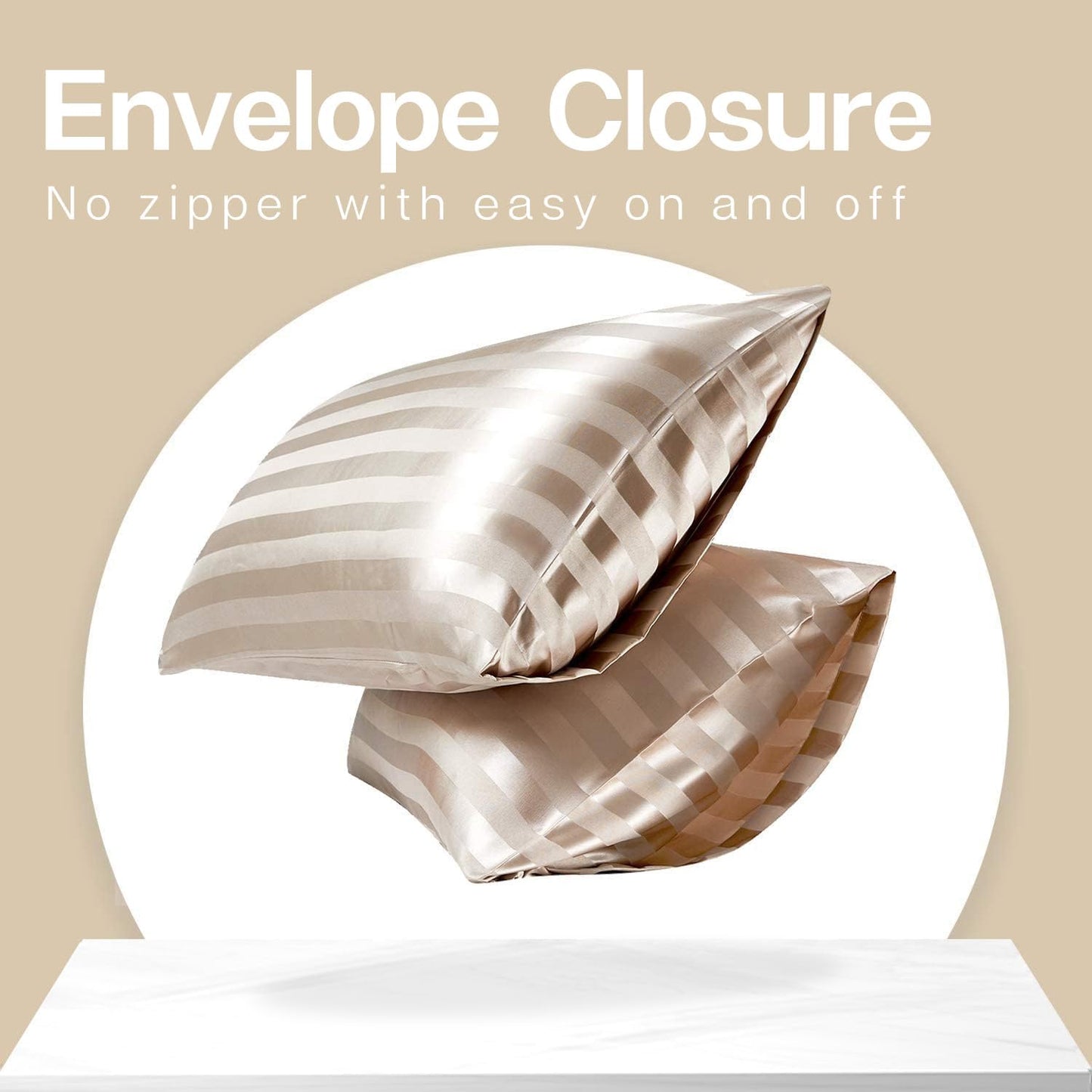 MR&HM Satin Pillowcase for Hair and Skin, Silk Satin Pillowcase 2 Pack, Standard Size Pillow Cases Set of 2, Silky Pillow Cover with Envelope Closure (20x26, Champagne Striped)