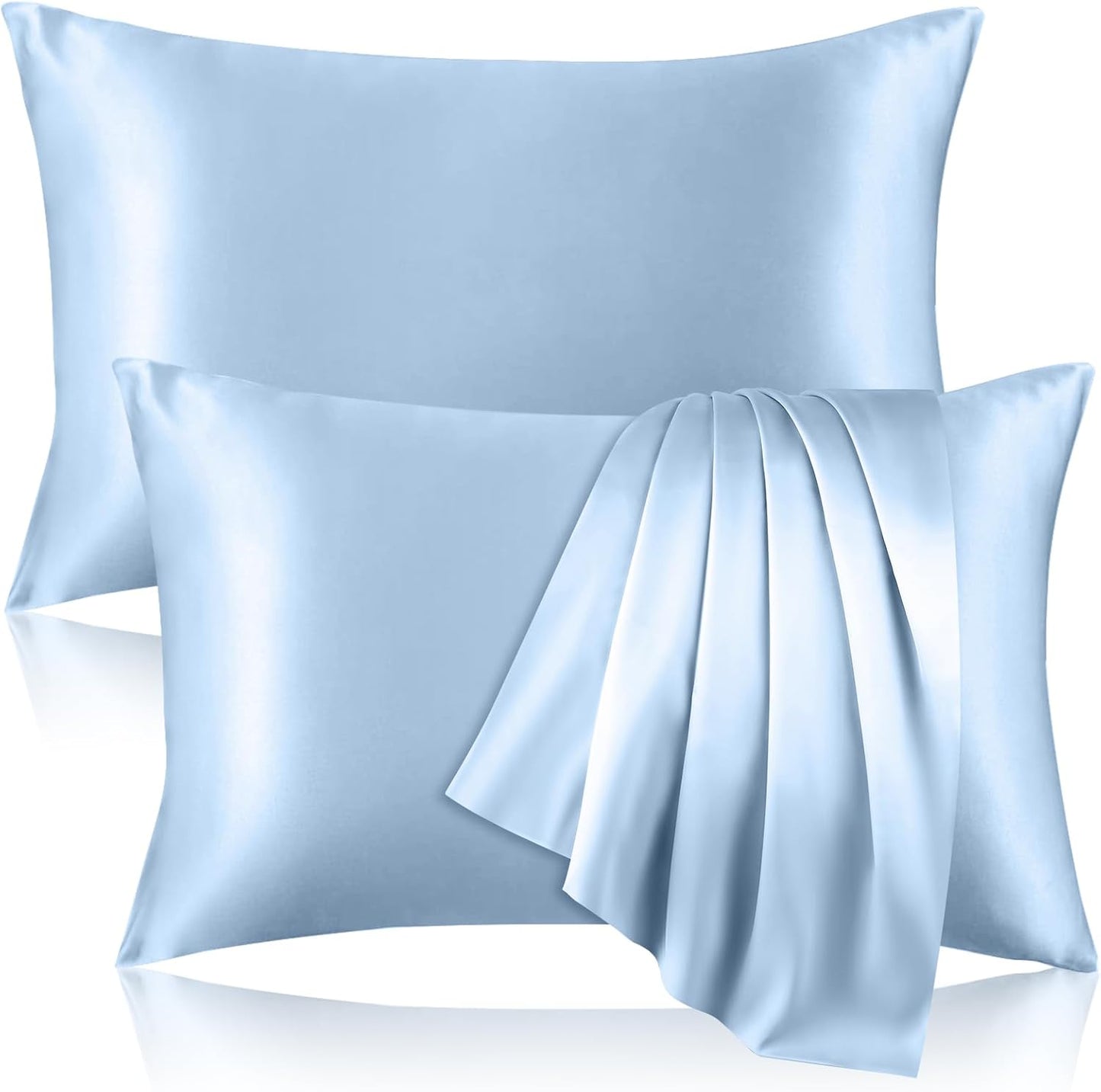 2 Pack 100% Pure Silk Pillowcase for Hair and Skin, Both Sides Mulberry Silk Pillowcases with Hidden Zipper, Cooling Pillowcase 19 Momme, 600 Thread Silk Pillow Cases Standard Size, Light Blue