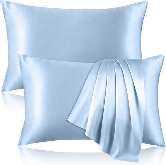 2 Pack 100% Pure Silk Pillowcase for Hair and Skin, Both Sides Mulberry Silk Pillowcases with Hidden Zipper, Cooling Pillowcase 19 Momme, 600 Thread Silk Pillow Cases Standard Size, Light Blue