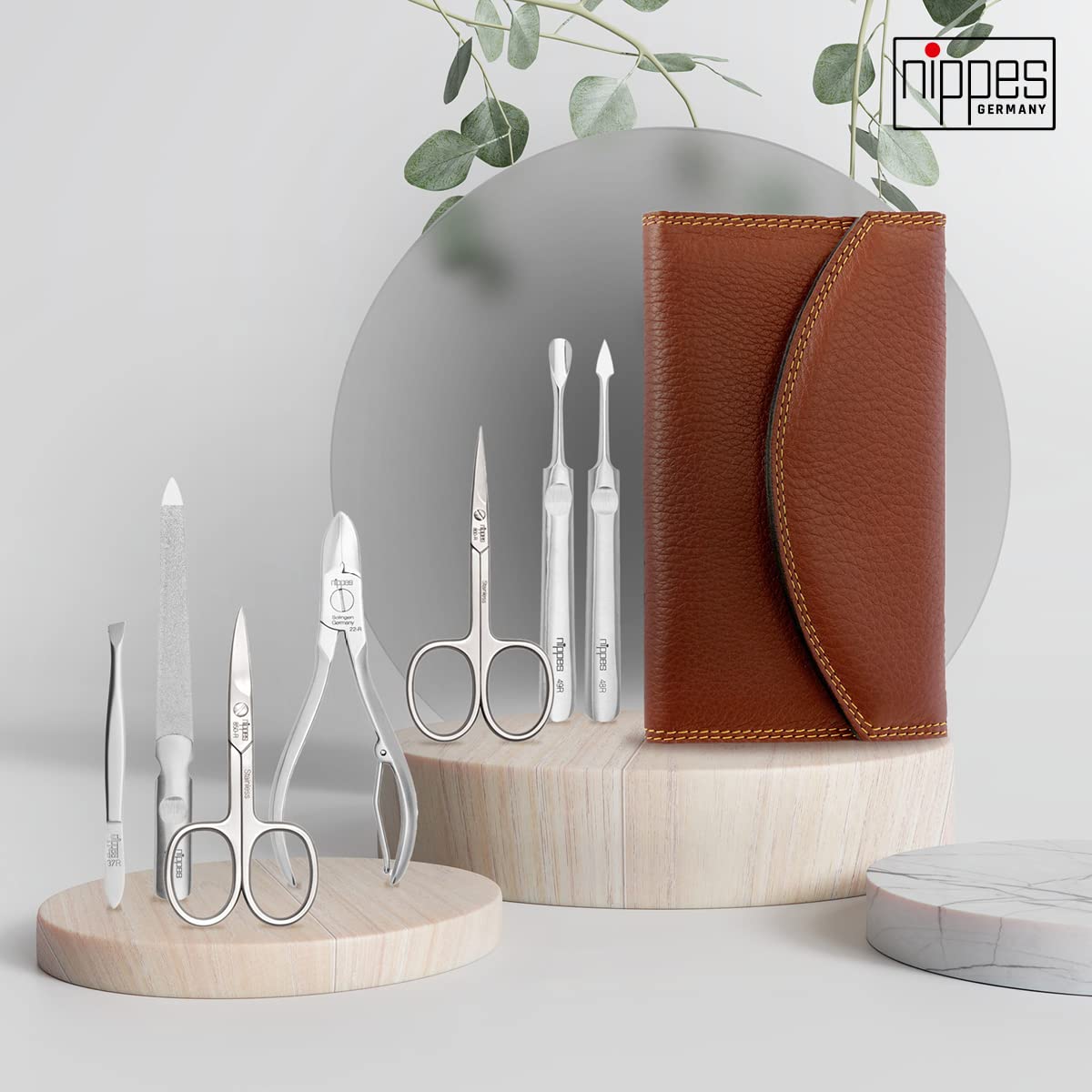 Nippes Solingen Manicure Set, 7-Piece, Stainless Steel, Nickel-Free, Genuine Brown Cowhide Leather Case Made In Solingen Germany