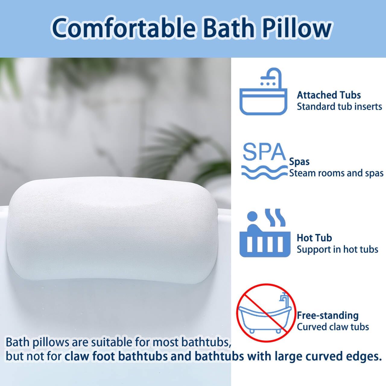 Bath Pillow Bathtub Pillow, Bath Pillows for Tub Head and Neck Support, Waterproof Bath Tub Pillows with Strong Non-Slip Suction Cups, Relaxing Bath Accessories for Soaking, Spa White