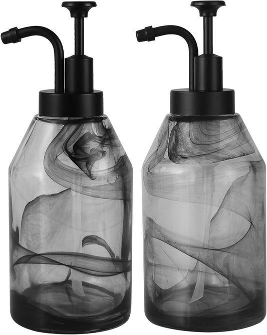 Bathroom Glass Soap Dispenser Set, 2 Pack 12.5 Oz Unique 3D Black Smog Thick Glass Hand Soap Bottle with Smooth Action Rust-Free ABS Pump, Kitchen Dish Soap Dispenser (Black)