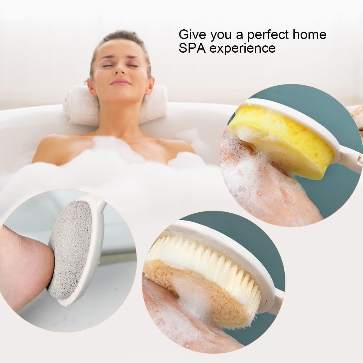 LFJ 19" Long Handle Shower Sponge Brush Set, 3 in 1 Body Brush, Bath Sponge and Lotion Applicator Improved Skin Health, Suitable for Men and Women (White Brush with pumice-1P)