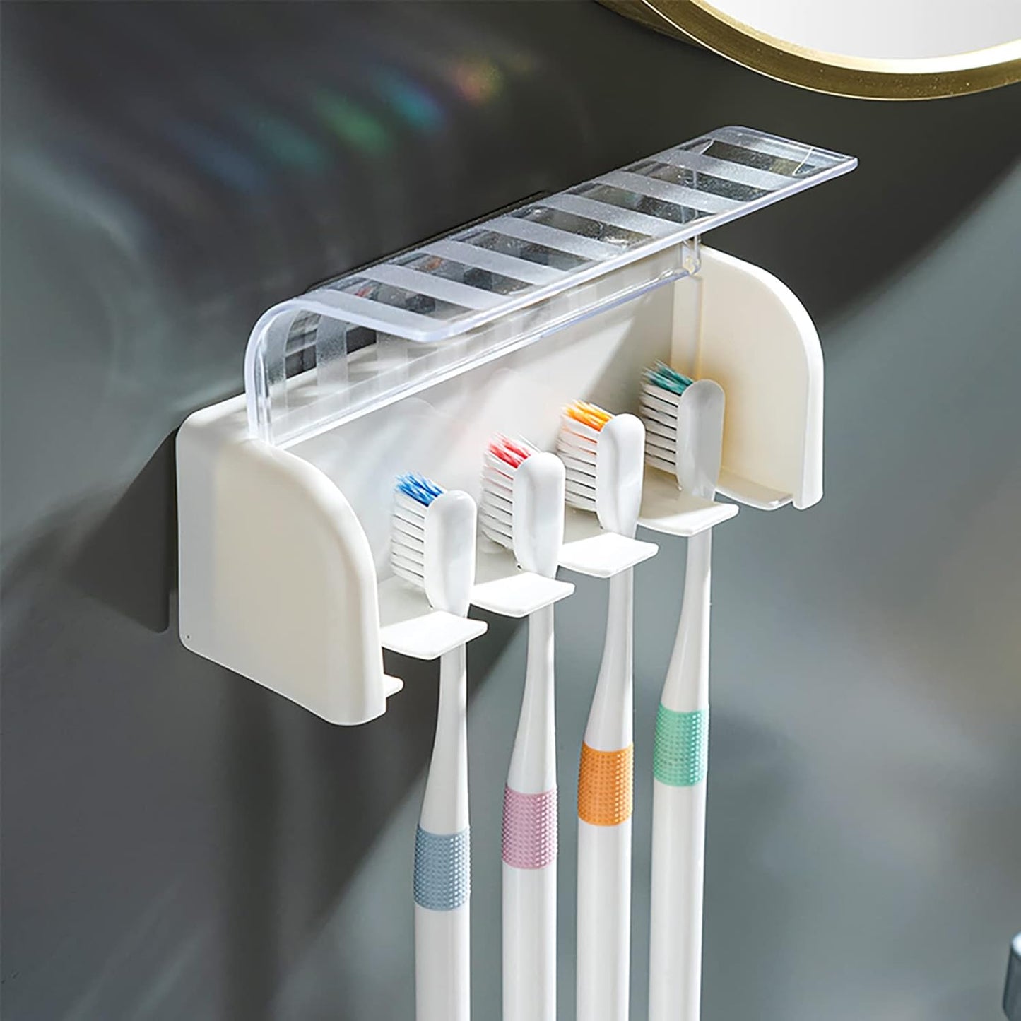 5 Slots Toothbrush Holder Wall Mount with Cover, Self Adhesive Toothbrushes Storage Organizer Perfect for Dorm Bathrooms and Shower, Holds 5 Toothbrushes. (White)