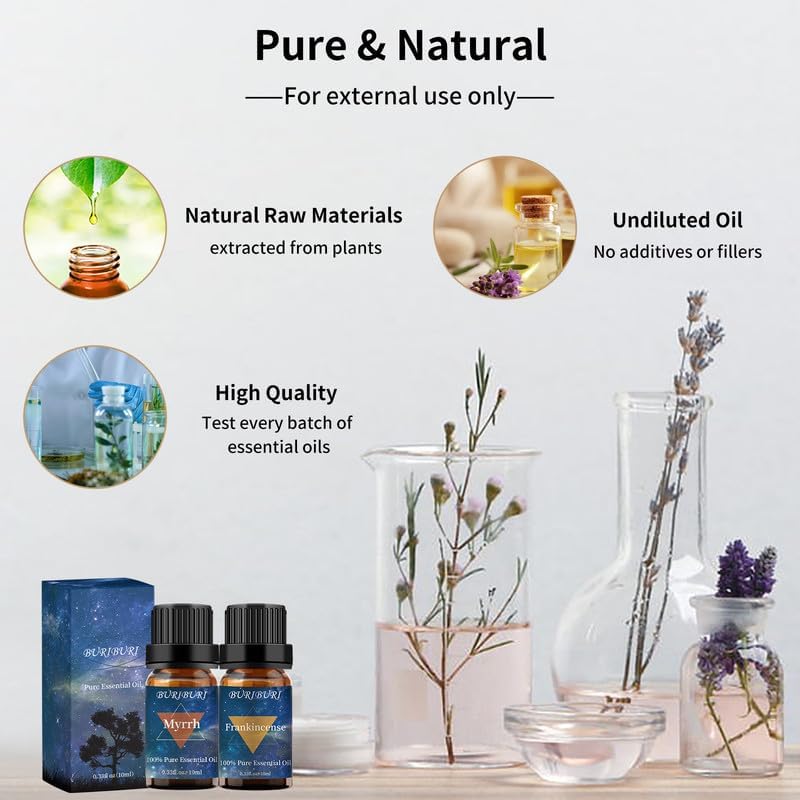 BURIBURI Frankincense Oil and Myrrh Essential Oils Gift Set, 100% Pure, Natural, Organic Aromatherapy Frankincense Fragrance Oils for Diffuser, Massage - 2 x 10ML