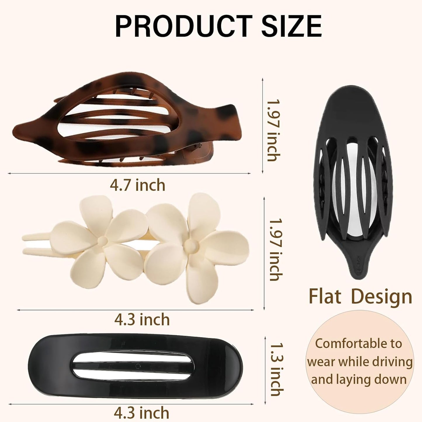8 PCS Flat Hair Clips, 3 Styles Large Flat Claw Clips for Women, French Strong Hold Non-slip Duckbill Hair Claws for Thin Thick Hair (Tortoise)
