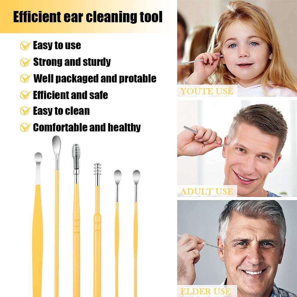 6 Pcs Ear Pick Earwax Removal Kit, Cleansing Tool Set, Curette Cleaner, 360degree Spiral Design Canal Cleaner Stainless Steel,with a Storage Box Portable Kit (Yellow), 11.7x2.8x2cm
