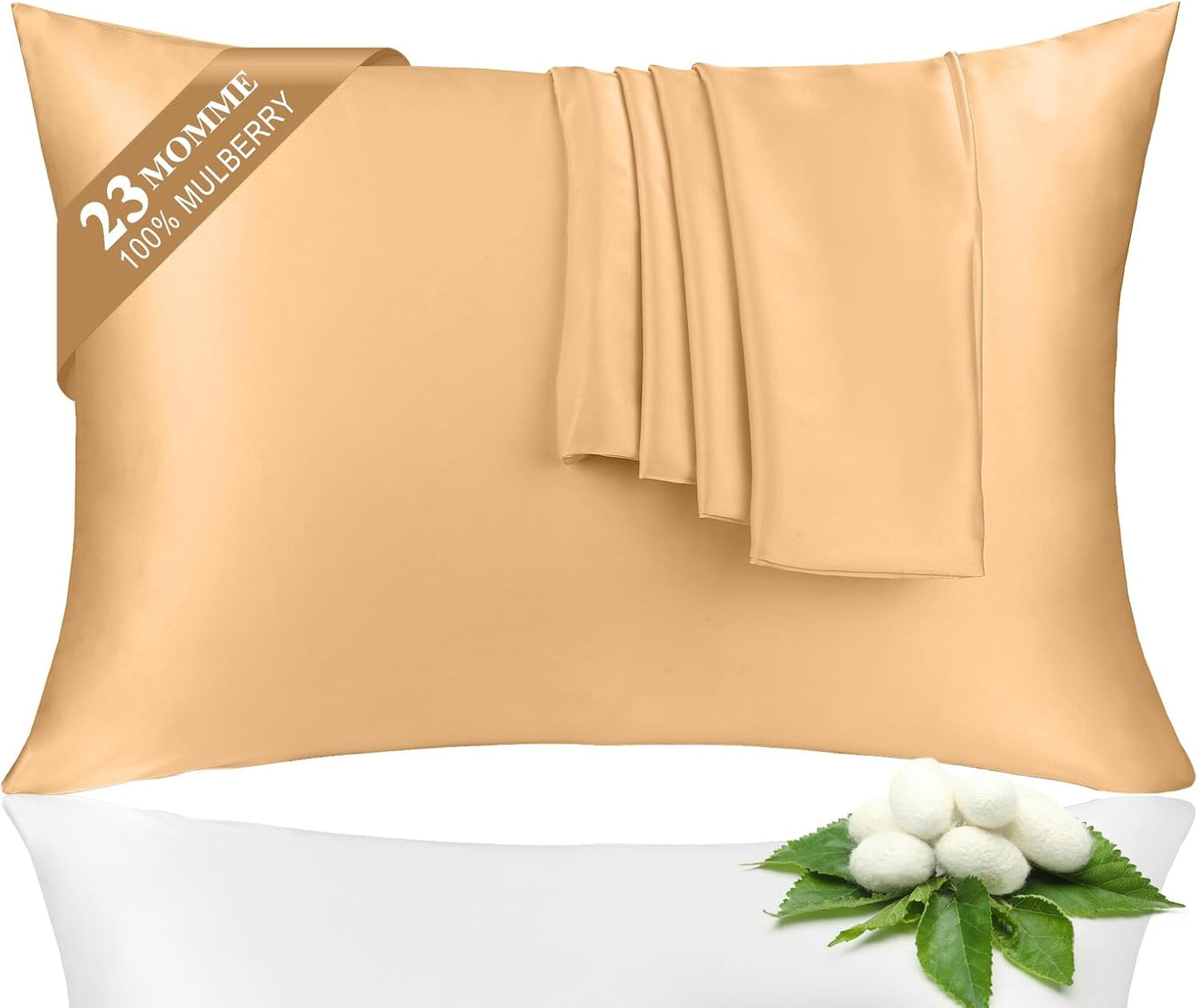 100% Silk Pillowcase 2 Pack for Hair and Skin, Both Sides 23 Momme Grade 6A+ Mulberry Silk Pillowcases with Hidden Zipper, Soft&Smooth Cooling Pillow Cases (Champagne, Standard 20×26)