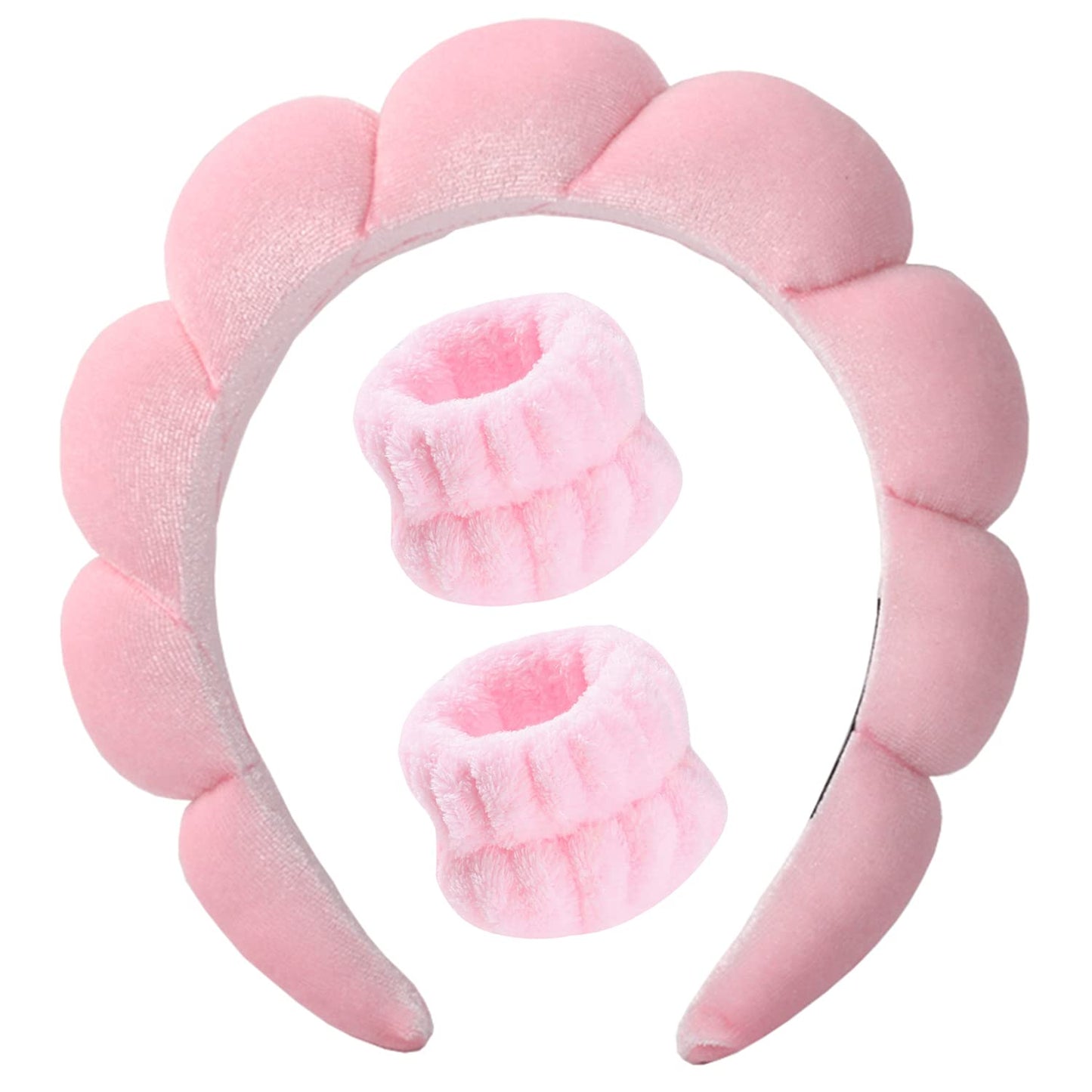 Luckybear Spa Headband for Washing Face, Velvet Makeup Headband with Face Wash Wristbands - Pink