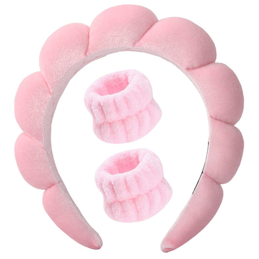 Luckybear Spa Headband for Washing Face, Velvet Makeup Headband with Face Wash Wristbands - Pink