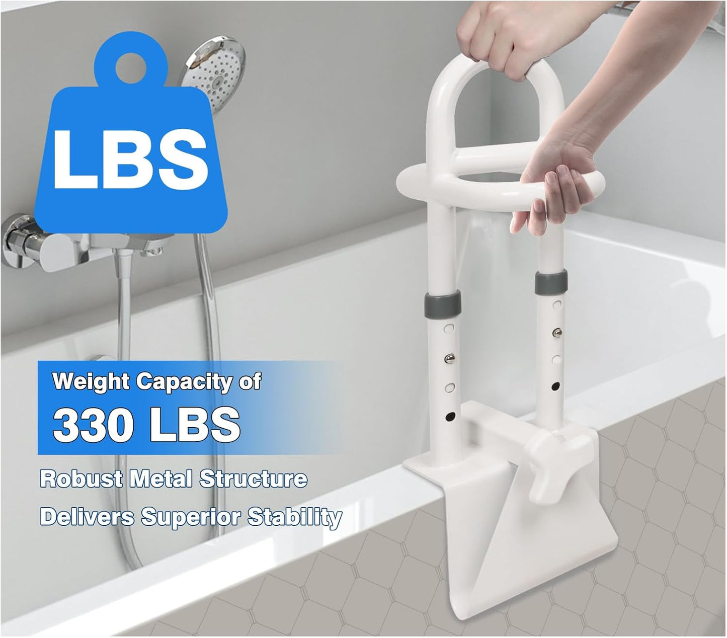 Adjustable Bathtub Safety Rail, Shower Grab Bars Handle with Non-Slip Handle for Seniors, Elderly, and Disabled, Fits 3"–6.7" Tub Walls, Supports 300 lbs