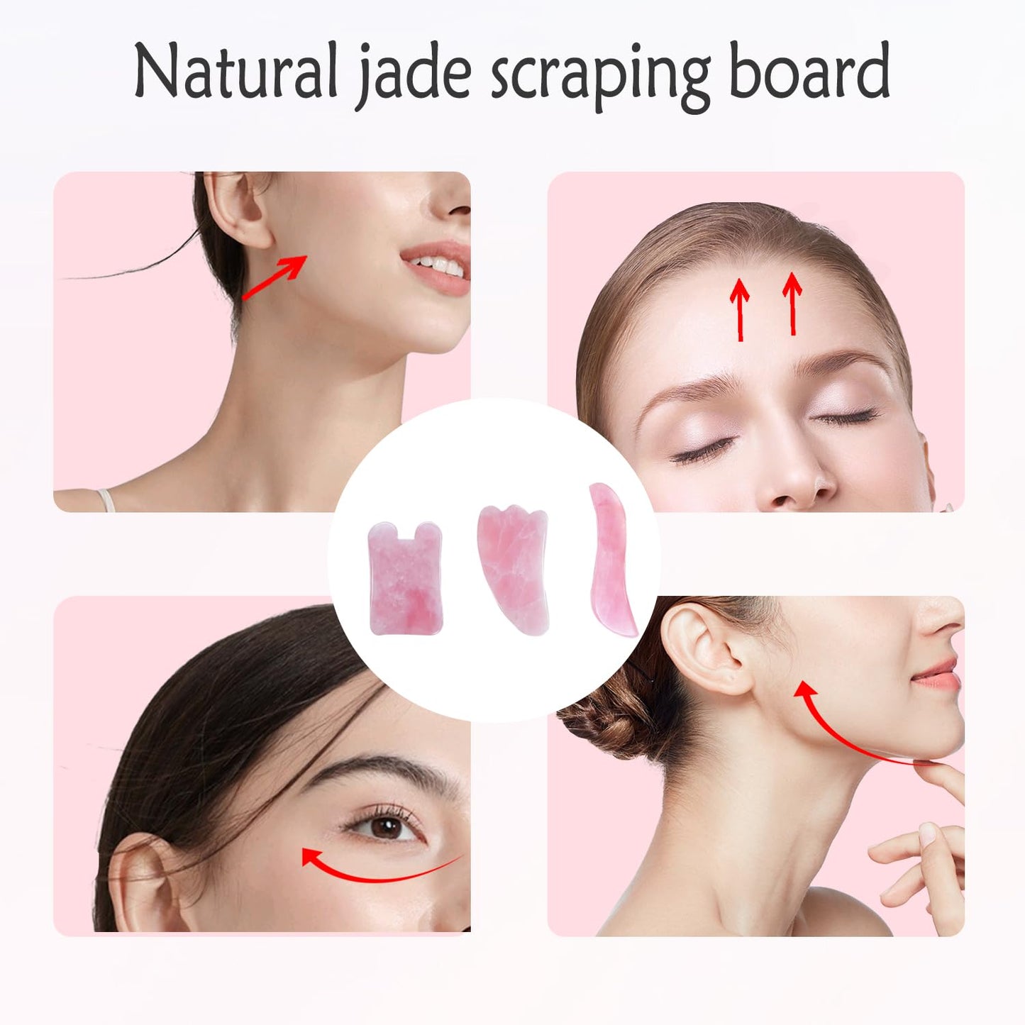 Pink Rose Quartz Gua Sha Board-Relief and Skin Renewal,Premium All Natural Handmade Stone Gua Sha Scraping Facial Massage Tools (3 Packs)