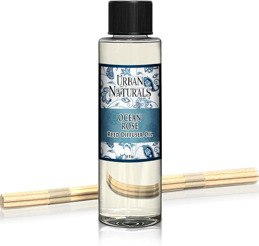Urban Naturals Reed Diffuser Oil Refill, Ocean Rose Diffuser Oils with Rose, Lemongrass, Basil, 4 oz + Free Reed Sticks, Made in The USA