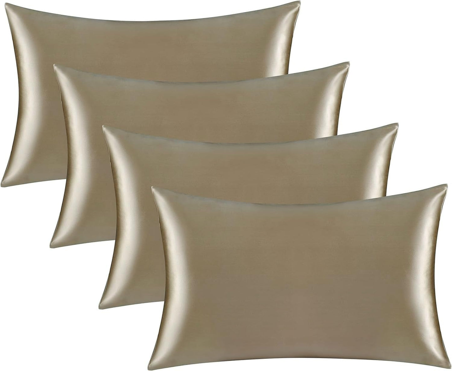 Satin Silk Pillowcase for Hair and Skin, Black Pillow Cases Standard Size Set of 4 Pack Super Soft Pillow Case with Zipper Closure (Camel, Standard(4 Pack))