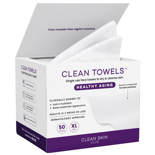 Clean Skin Club Healthy Aging Clean Towels® XL, Smooths Fine Lines Wrinkles & Texture in 6 weeks, Treated for Extra Softness, Disposable Face Towels, Anti Aging Makeup Remover Dry Wipe, 50 count