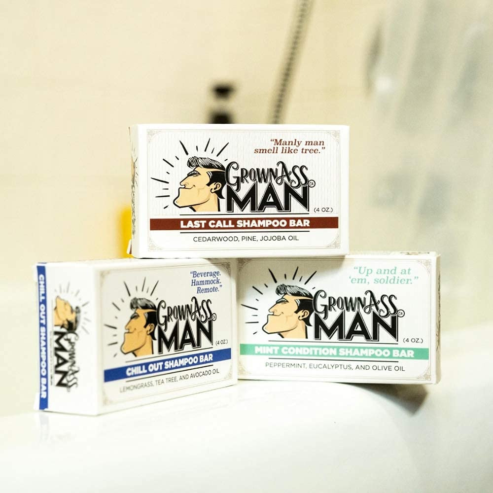 Grown Ass Man Co. - Solid Shampoo Bar Rich Lather 3 in 1: Hair, Beard & Body Wash - Plastic Free & Eco-Friendly, Natural & Organic Clean for All Hair Types, 4oz Bar (Variety, 3-Pack)