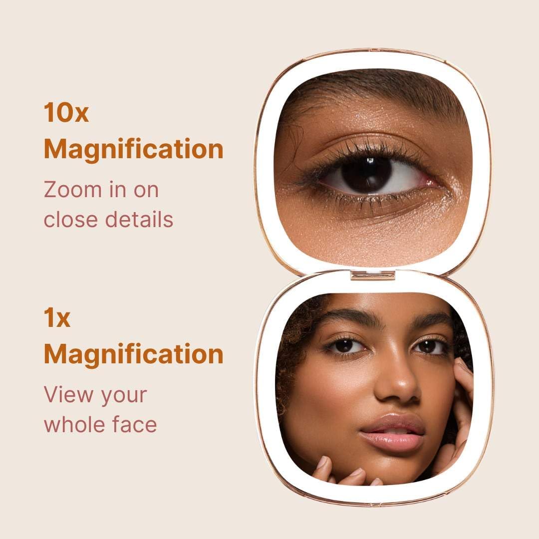 Fancii Mila 2 Compact Makeup Mirror with LED Light, Rechargeable, 10x /1x Magnifying, Tru-Glow Lighting System, Vegan Leather, Small Travel Mirror for Purses (Champagne Cream)