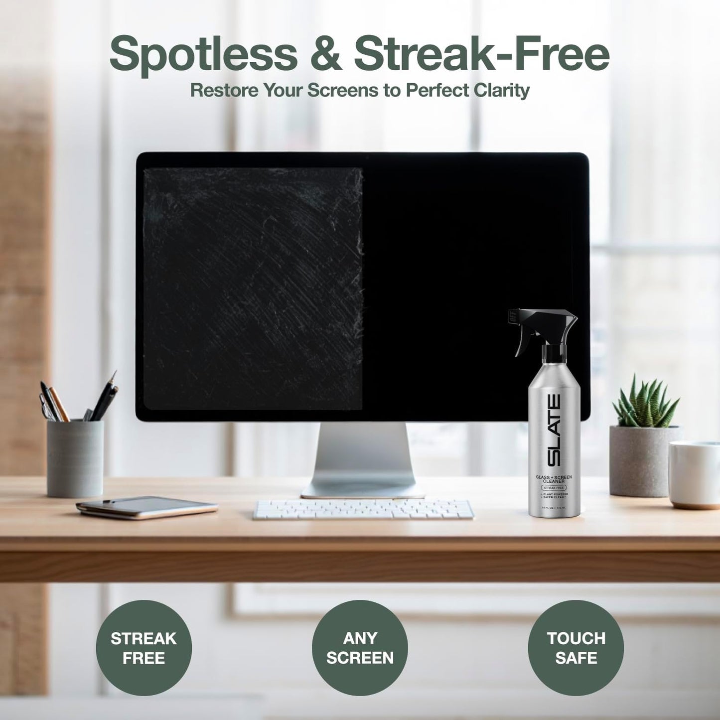 Slate Screen Cleaner Spray and Microfiber Cloth - Streak Free - Cleans Laptop, Computer, Tablet, Phone, TV, and Car Screens, Biodegradable Plant-Based Formula, Touch Safe, 16oz