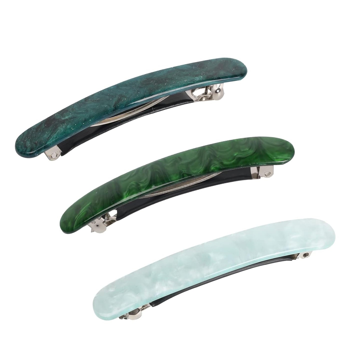 3PCS Women's Barrette Set - Tortoise Shell Automatic Clips for Thick/Medium Hair, Retro Hair Clasps (Light Blue, Star Green, Emerald)