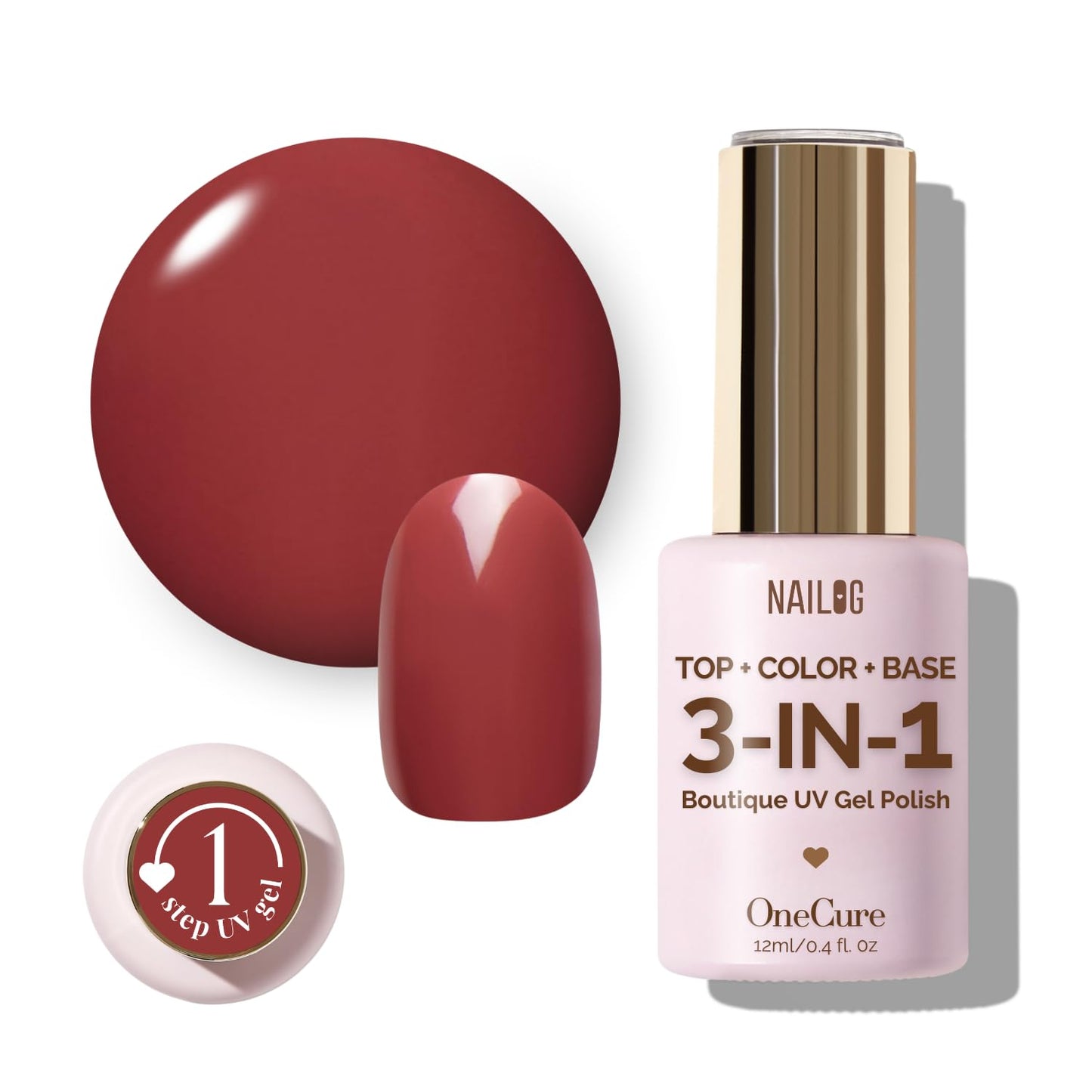 NAILOG One Step Gel Nail Polish 12ml Top Coat Color Gel Base 3-In-1 Formula Soak Off UV Gel Polish for Home DIY & Gifting | Dried Rose