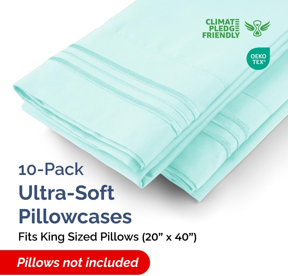 King Pillow Cases Set of 10 - Ultra Soft Hotel Quality Pillowcase Covers - Comfy & Wrinkle Free - Shrink, Stain & Fade Resistant - Easy-Care, Machine Washable Pillow Protectors - 10 Pcs Set - Spa Blue