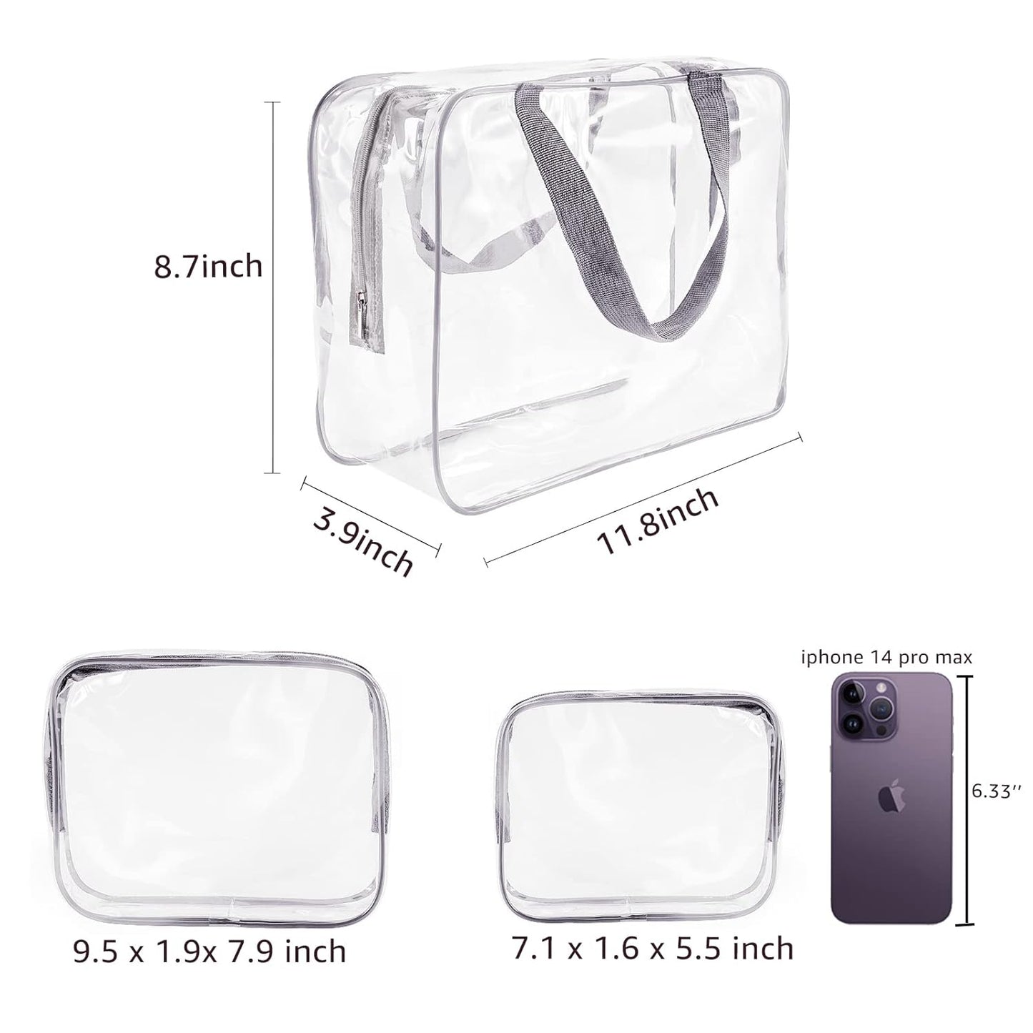 3Pcs Crystal Clear PVC Travel Toiletry Bag Kit for Women Men, Waterproof Vinyl Packing Organizer Storage Bags with Zipper Handle Straps, Cosmetic Pouch Carry on Airport Airline Compliant Bag Handbag