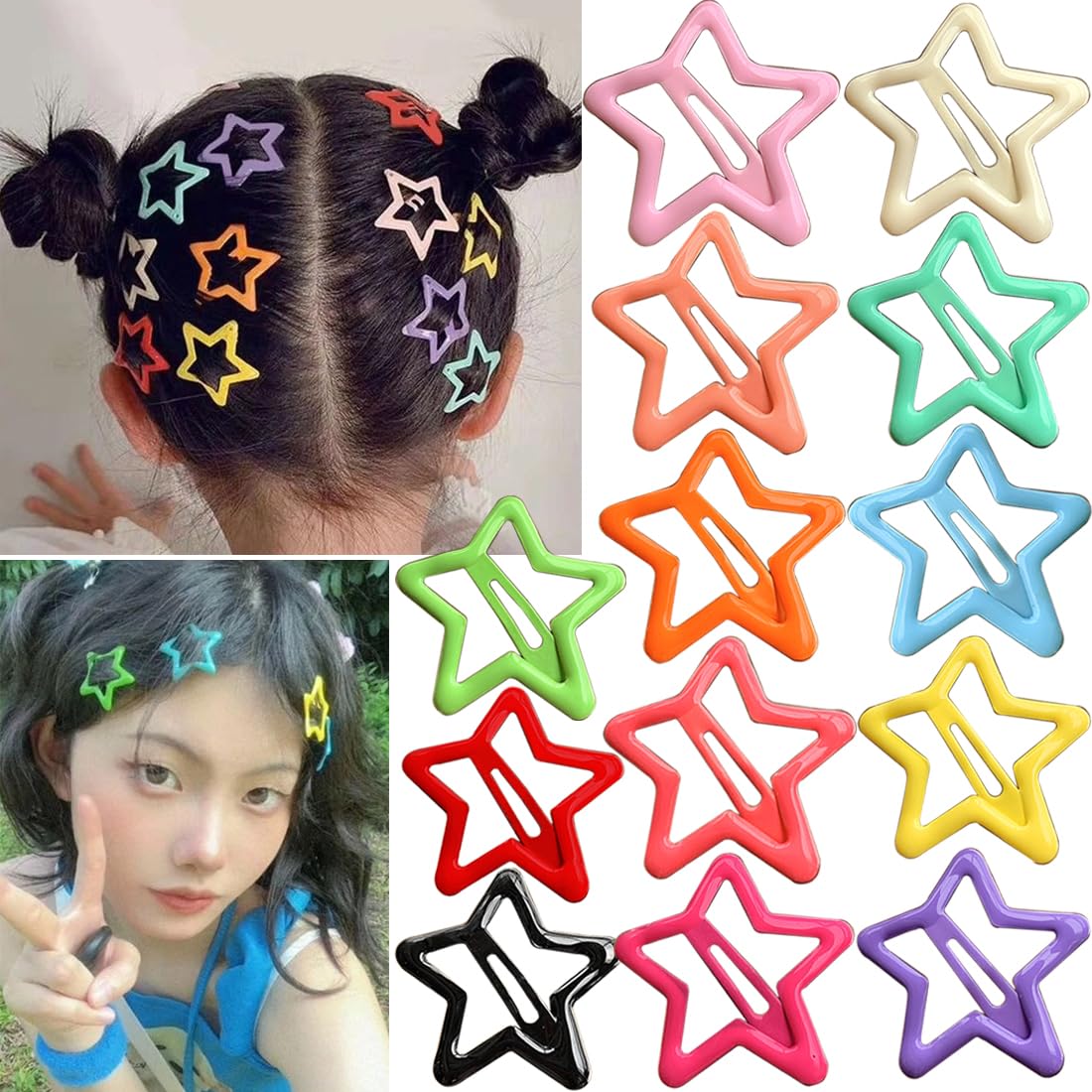 13 PCS 1.65" Metal Hair Accessories - Snap Barrettes with Non-Slip Star Clips for Girls in Multiple Colors