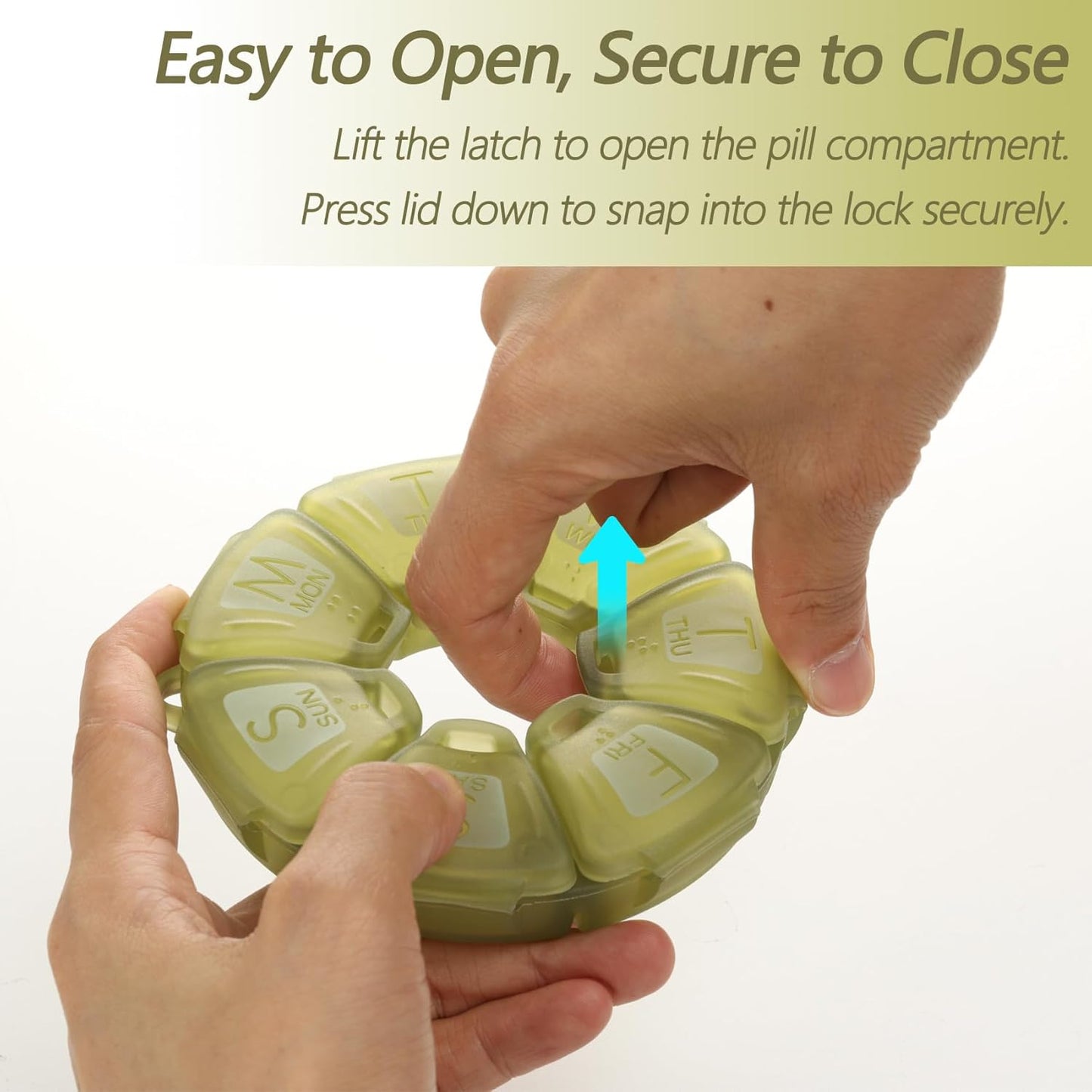 Round Weekly Pill Organizer, TPU Rubberized, Travel Pill Container 7 Day, with 7 Large Compartments, Great for Daily Vitamins & Supplements, Cute Pill Case with Large Letters and Braille (Olive)