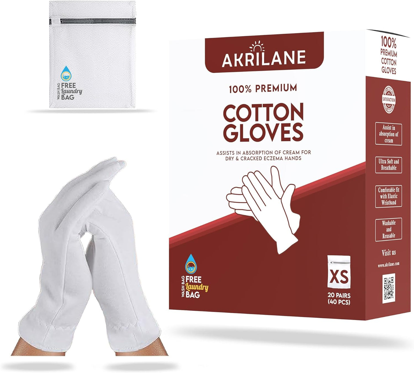 AKRILANE 20 Pairs Cotton Gloves for Dry Hands | Moisturizing Overnight Gloves for Eczema, Psoriasis & Skin Spa Treatment for Women & Men | Washable & Reusable with Free Laundry Bag