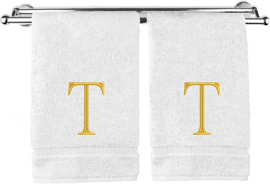 Monogrammed Hand Towel, Personalized Initial Gift, Extra Absorbent 100% Turkish Cotton - Soft Terry Finish - Set of 2 - Gold Block Initial T - Embroidered on White Towels