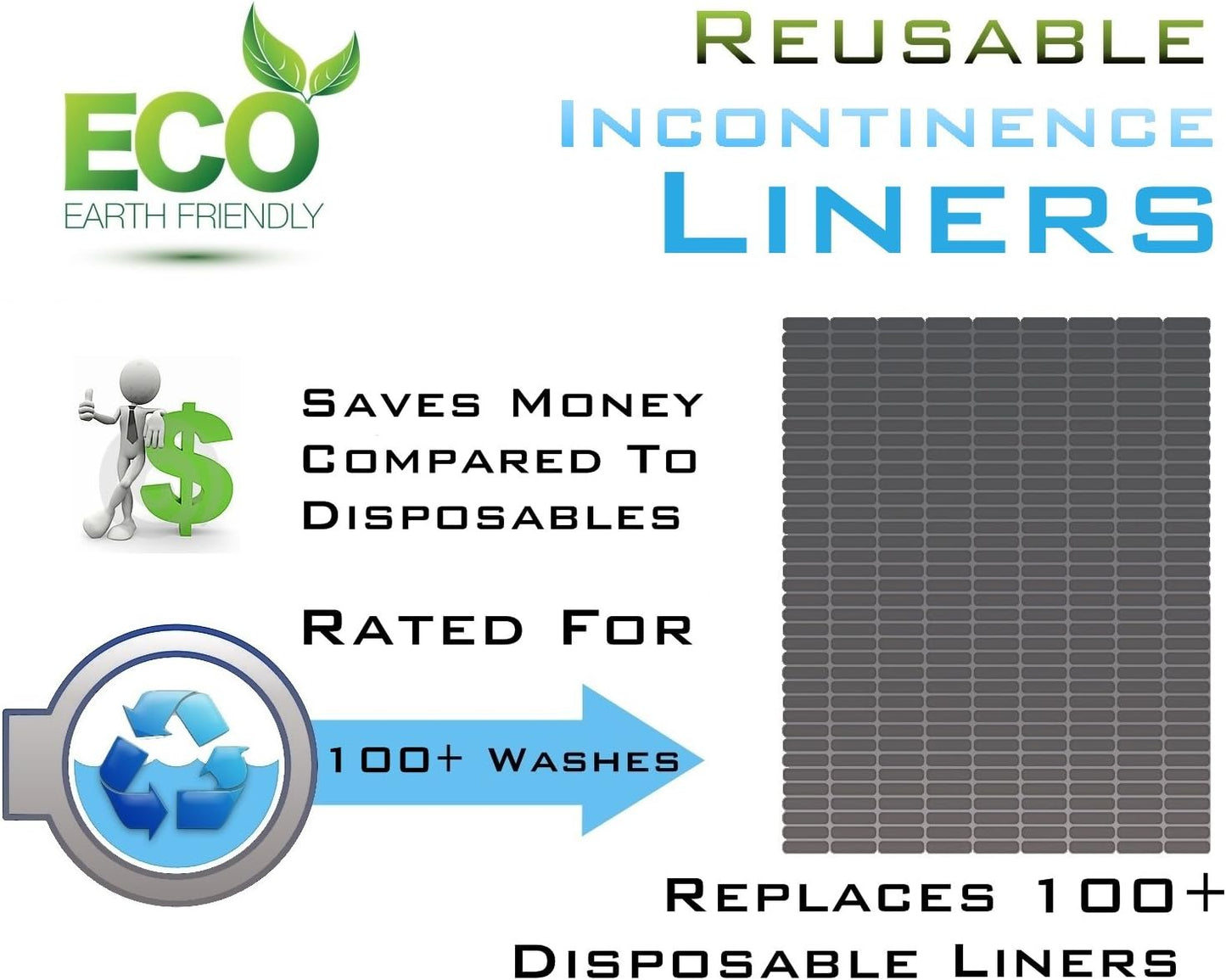 Comfort Finds Reusable Incontinence Liners - Unisex - Size 11" x 5" (Pack of 12, White)