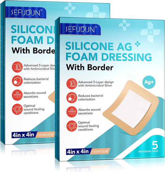 Silicone Foam Dressing Ag Sterile Wound Bandage with Waterproof Gentle Silicone Adhesive Border (10 Packs), 4"x 4" Breathable Ultra Absorbent Pads (4x4 Inch (Pack of 10))