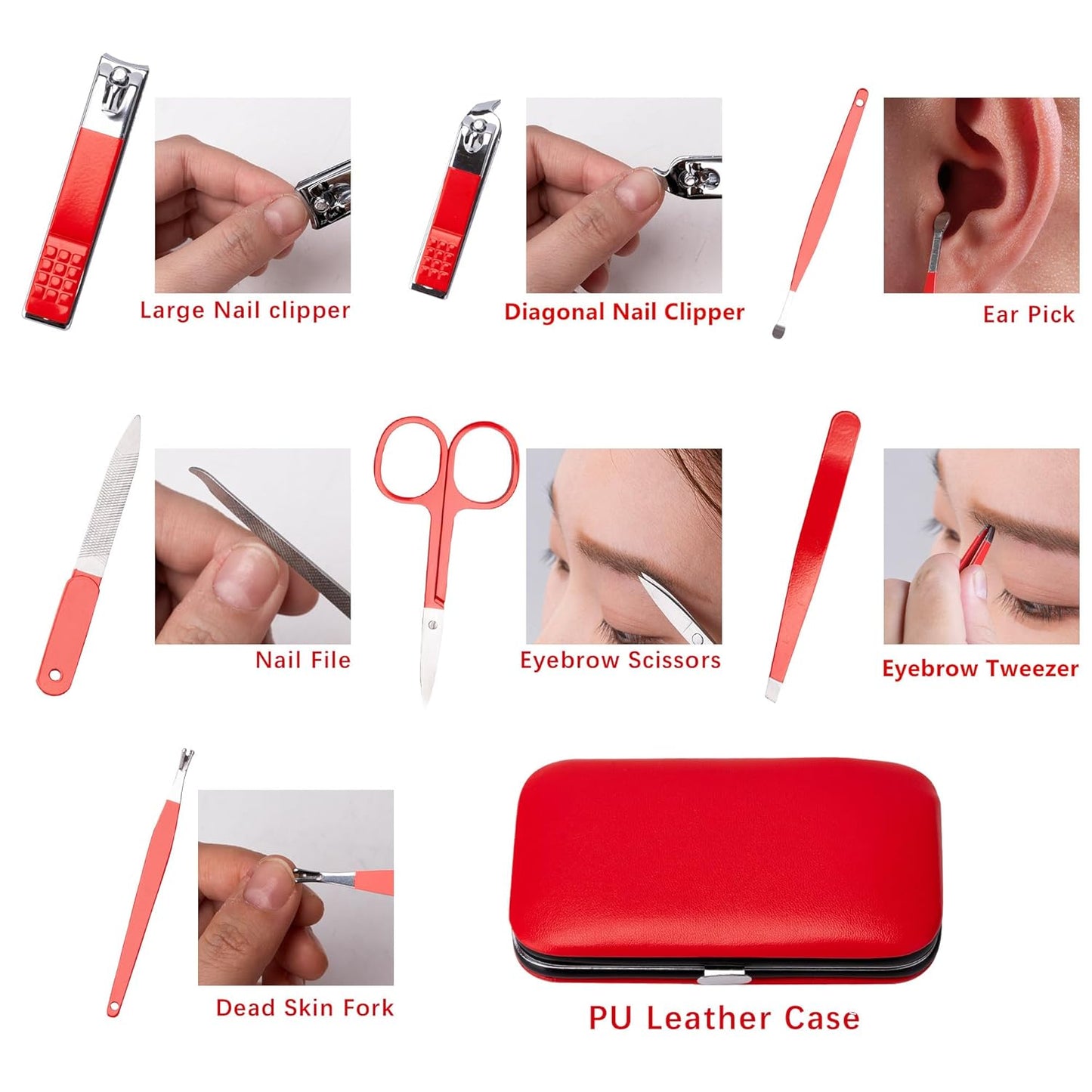 Manicure Set Nail Clipper Set Women Men Stainless Steel Toe Finger Nail Clippers Kit Personal Care Tools with Portable Travel Case Manicure Tools Grooming Kit for Women Men Friends(Red)