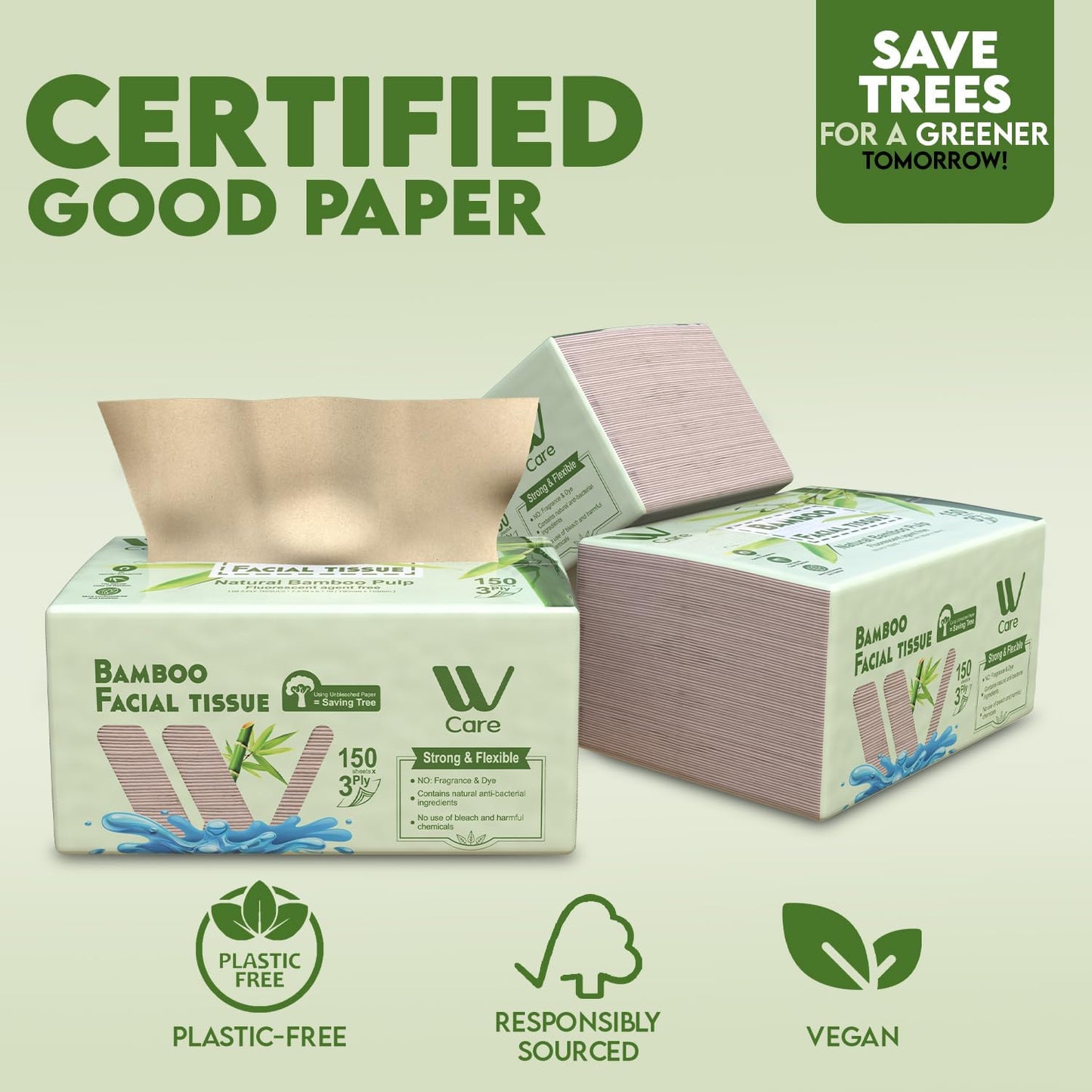 Care Bamboo Facial Tissues, Bulk Box of 10 Packs, 150 Sheets Each, Total 1,500 Sheets, Soft and eco-friendly, perfect for everyday use, great value
