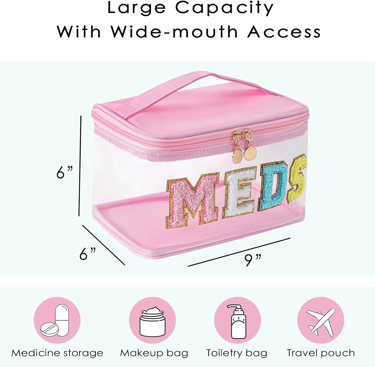 Chenille Letter Clear Medicine Makeup Bag, Large Size Waterproof Nylon Cosmetic Toiletry Storage bag with Top Handle, Transparent Meds First Aid Travel Organizer Cosmetic Bag(02Light Pink)