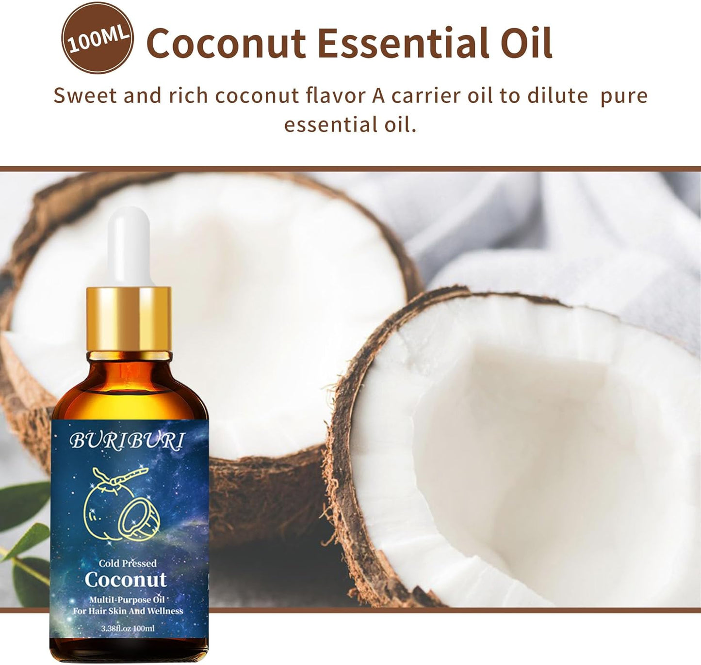 BURIBURI Pure Vanilla Essential Oil and Coconut Oil 100ml Organic Aromatherapy Oils 3.38 fl.oz Coconut Essential Oil for Diffuser Humidifier