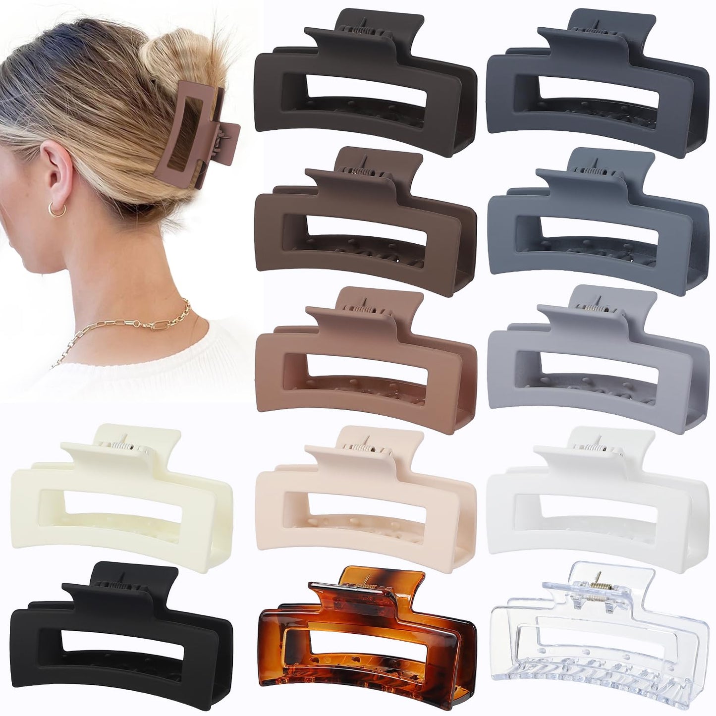 3.5 Inch Hair Clips - 12 Pcs Square Jaw Clips for Thick and Thin Hair, Rectangular Hair Accessories for Women and Girls - Neutral