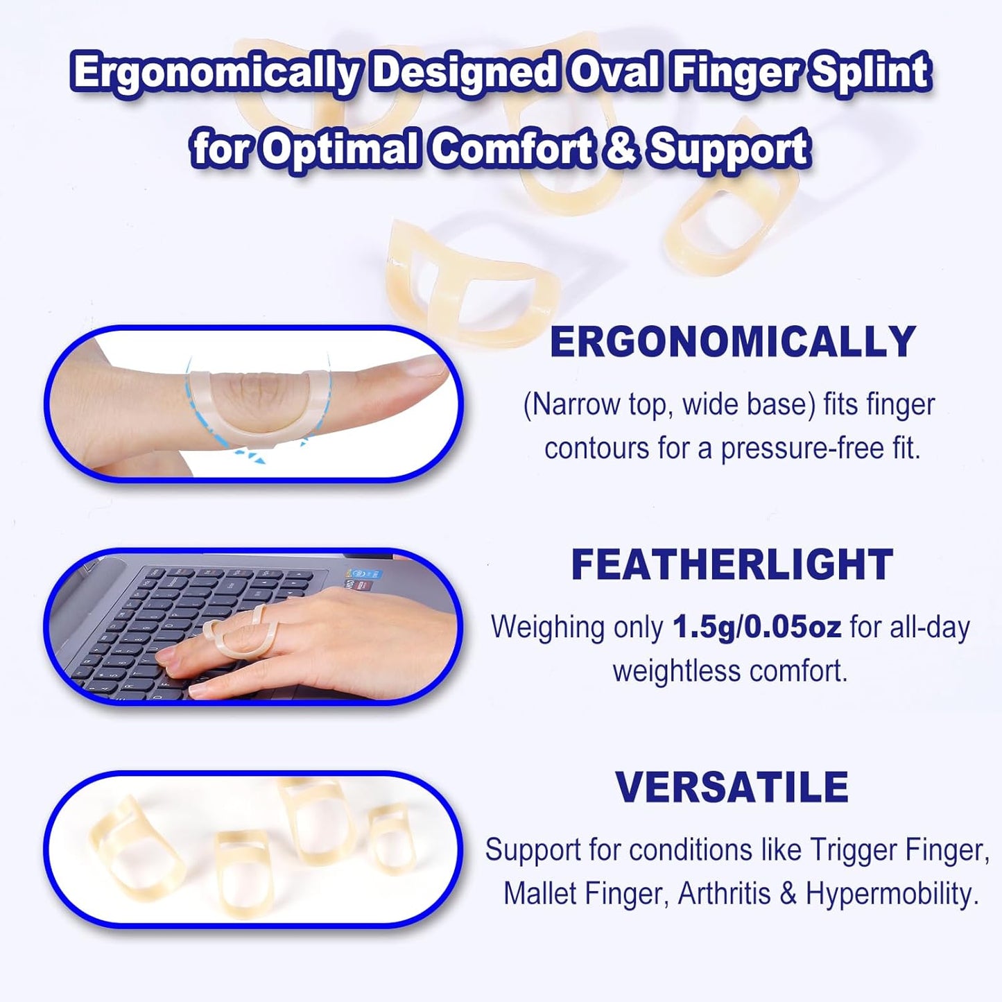 8Pcs Oval Finger Splints & Click-Lock Adjustment Kit, 4 Graduated Finger Ring Splint & 4 Splint Adjustment, Finger Braces for Arthritis, Mallet, Straightening, Support (Size 11-14)