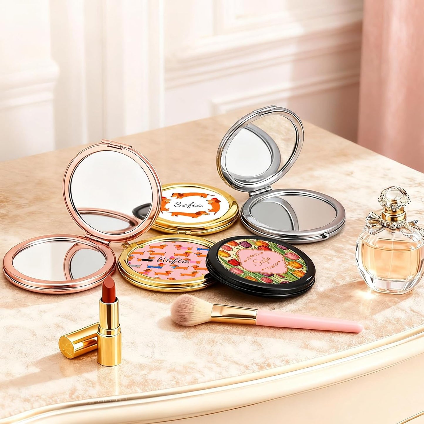 Custom Compact Mirror with Name - Personalized Flip Makeup Travel Pocket Mirror Gift for Women Bridesmaids Wedding Birthday (Dogs)