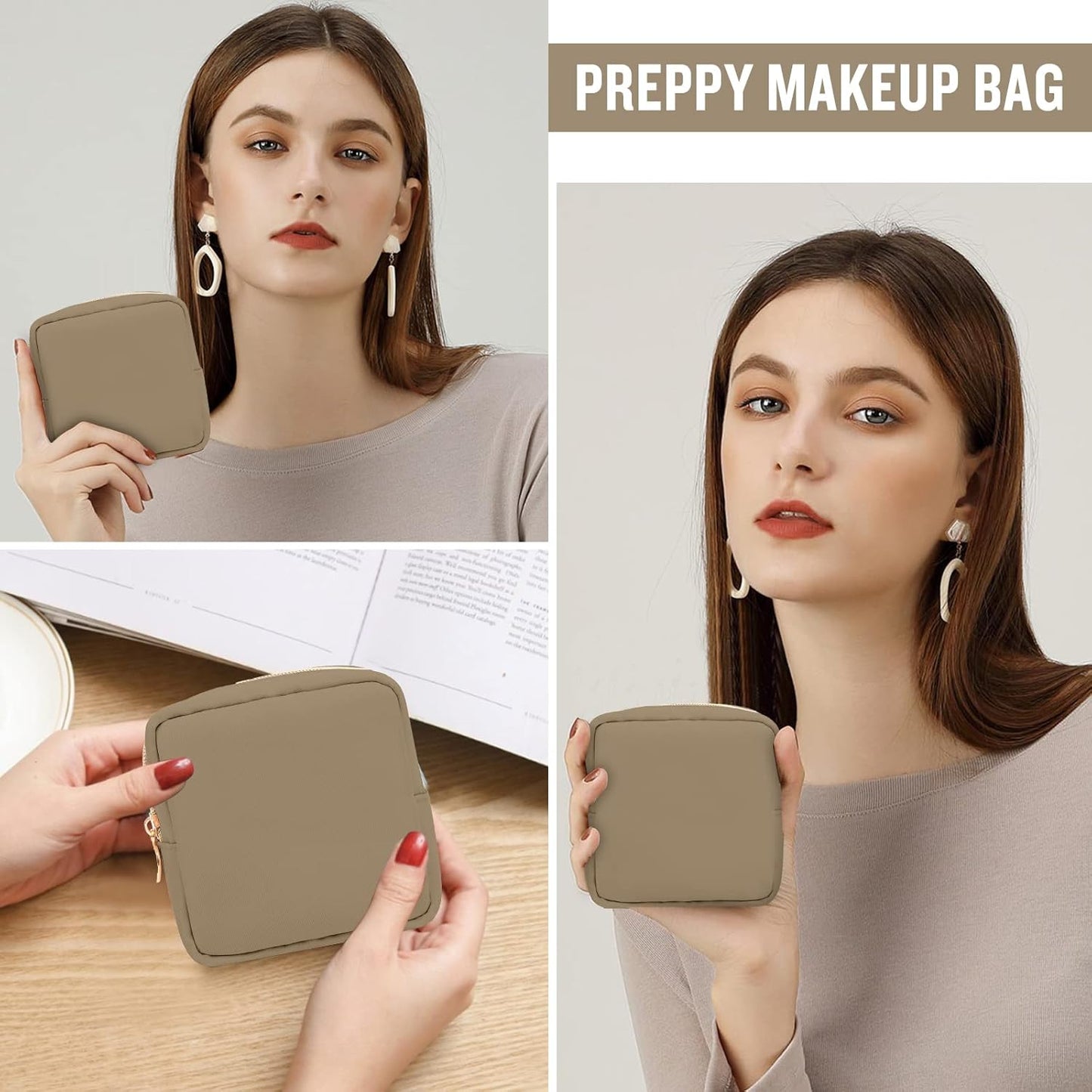 Nylon Mini Makeup Bag for Purse, Preppy Small Cute Makeup Bag Cosmetic Zipper Pouch Purse, Waterproof Travel Coin Pouch Sanitary Napkin Storage Bag Clutch Makeup Organizer Pouch for Women Girls(Khaki)