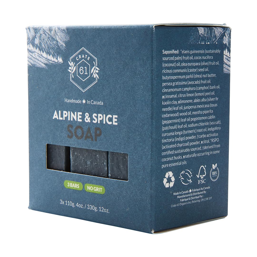 Crate 61 Organics, Handmade in Canada, Plant Based Cold Process Natural Bar Soap For Face And Body, With Premium Essential Oils, For Men And Women 3 Pack (Alpine & Spice)