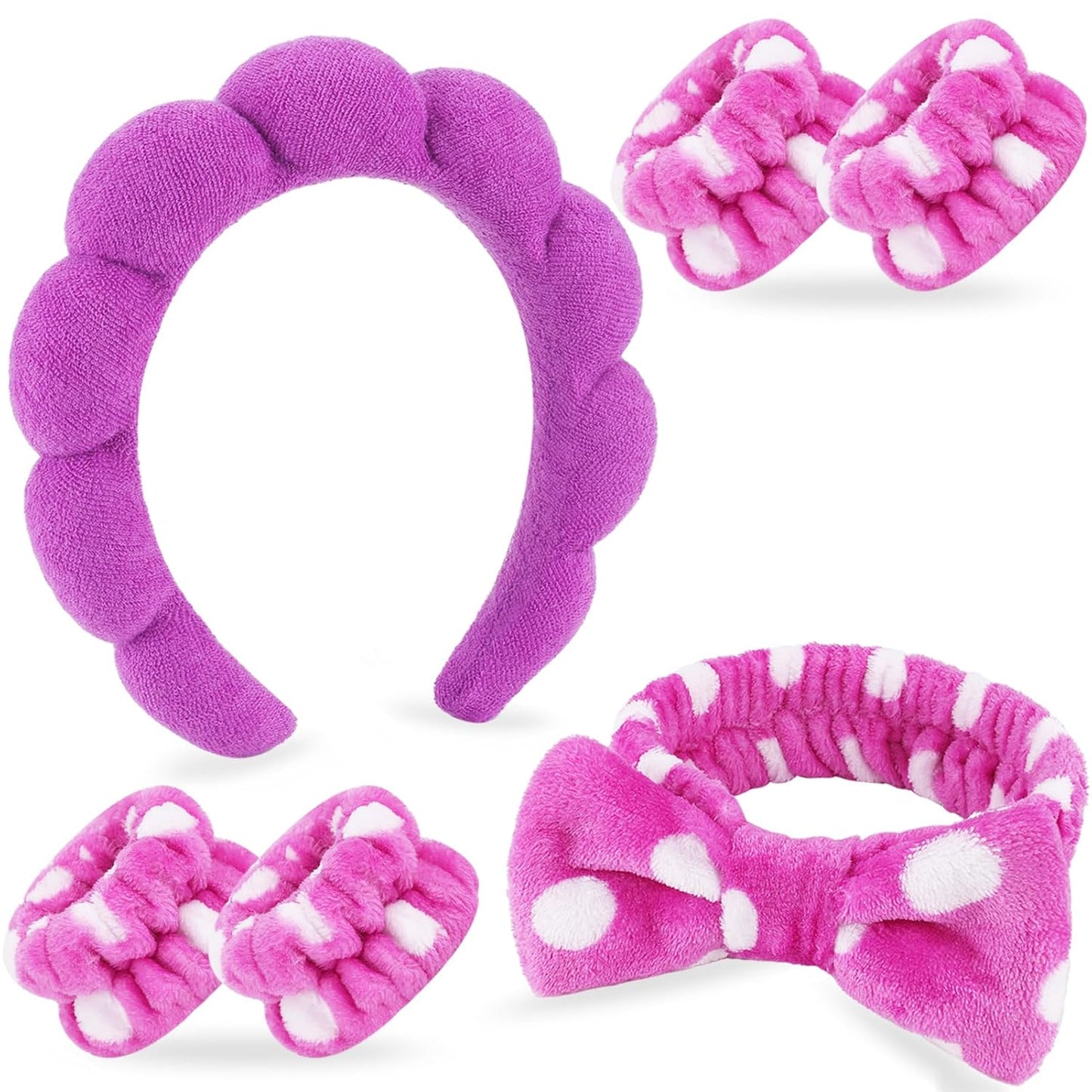 Zkptops 6Pcs Spa Headband for Washing Face Wristbands Set Women Bubble Skincare Makeup Sponge Terry Cloth Padded Puffy Headband Bow Tie Hairband Cute Non Slip Thick Hair Accessory Gifts(Dark Purple)