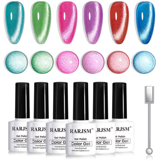 RARJSM Neon Diamond Cat Eye Gel Nail Polish Set 6 Colors Velvet Silver Glitter Bright Green Lake Blue Red Rose Purple Gel Polish with Magnet Stick UV LED Curing Requires Soak Off Home Salon Diy