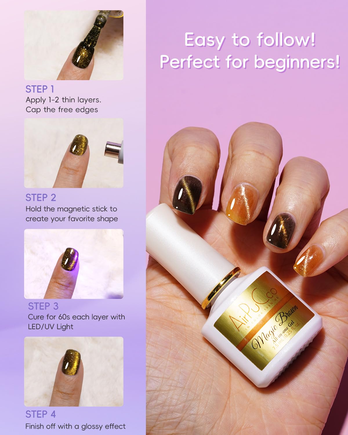 All-in-One Cat Eye Gel Nail Polish Kit, 6 Colors in Luxury Metallic Tones(Brown & Amber Gold, Red, Silver, Nude Pink), Soak Off Nail Art Set for Home DIY Manicure, Ultra-Portable Design