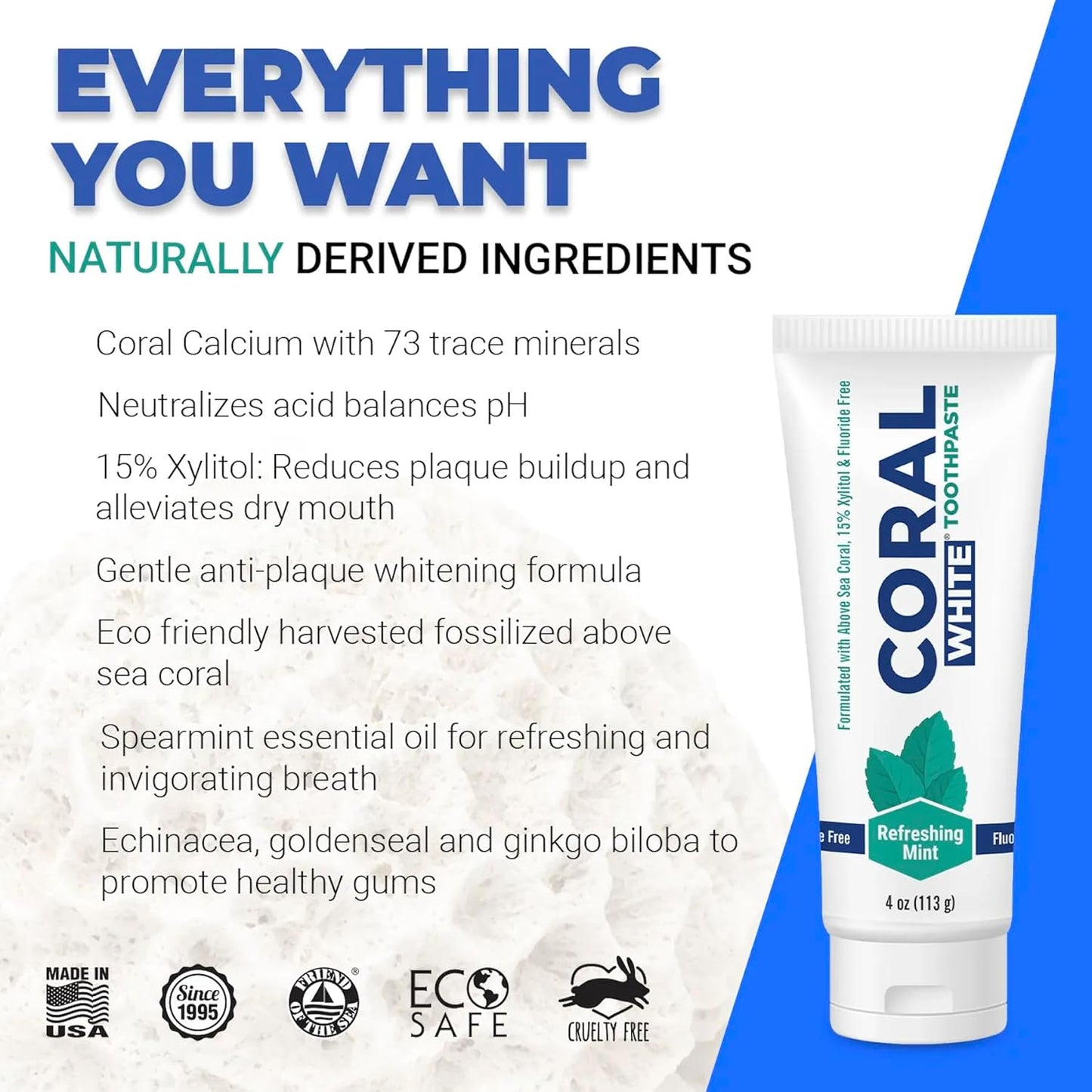 Coral White - Coral White Mint Toothpaste Natural Fluoride SLS Free Coral Calcium Remineralizing Toothpaste 4 Ounce