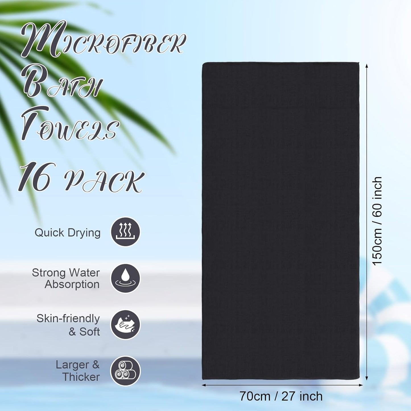 16 Pack Microfiber Bath Towels Bulk 27'' x 60'' Oversized Size Bath Towel Highly Absorbent Extra Large Soft Drying for Shower Beach Salon Winter Sport Spa Gym (Simple,Black)