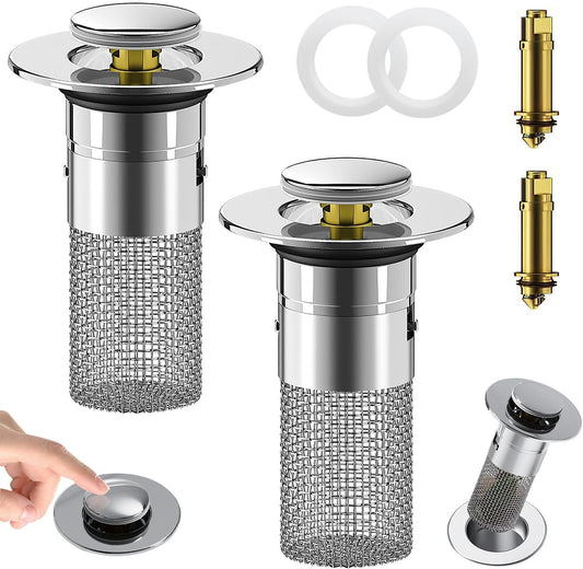 2Pcs Bathroom Sink Stopper Hair Catcher,Pop Up Sink Drain Filter with Removable Stainless Steel Filter Basket Hair Catcher, for US 1.1''-1.29'' Drain, Bathroom Sink Stopper Replacement
