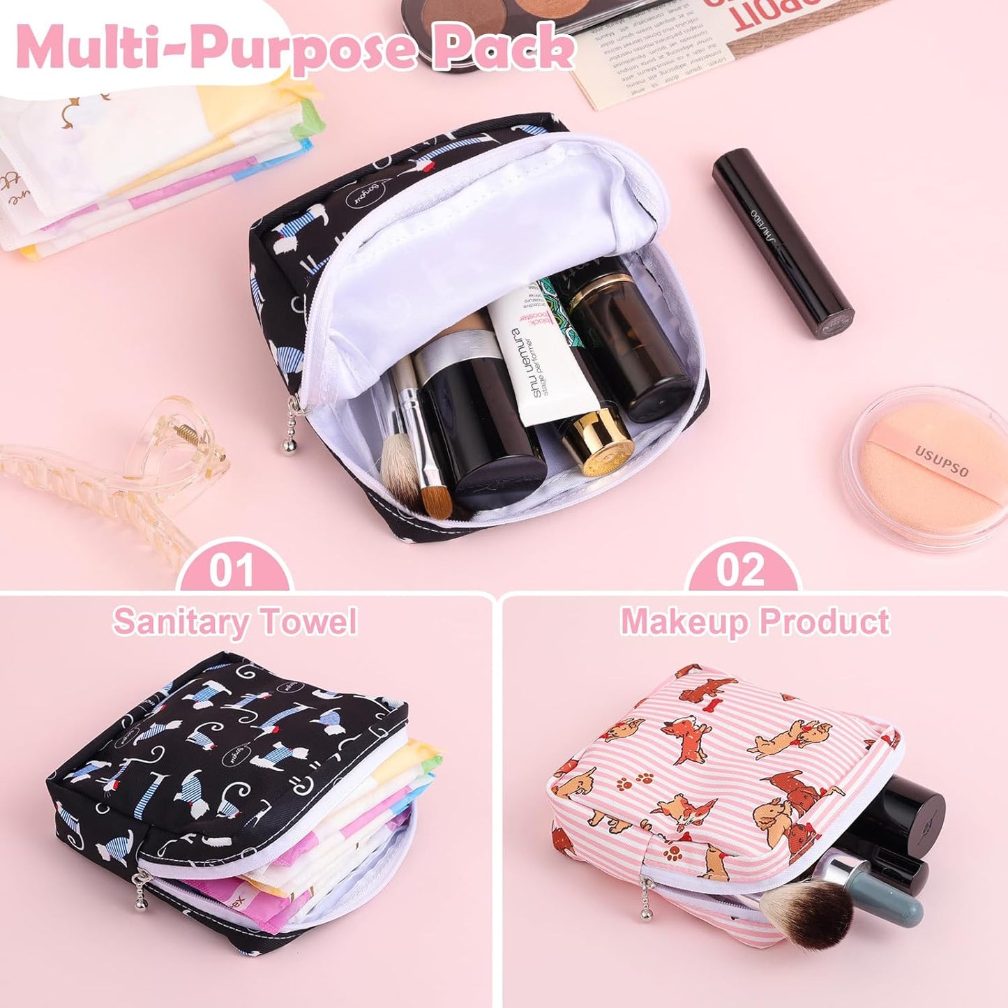 Desing Wish Sanitary Pad Storage Bag Portable Period Bag for Teen Pads/Sanitary Napkins/Small Tampons, Sanitary Napkin Storage Bag First Period Gifts for Teen Girls (Bowknot Star Cats)