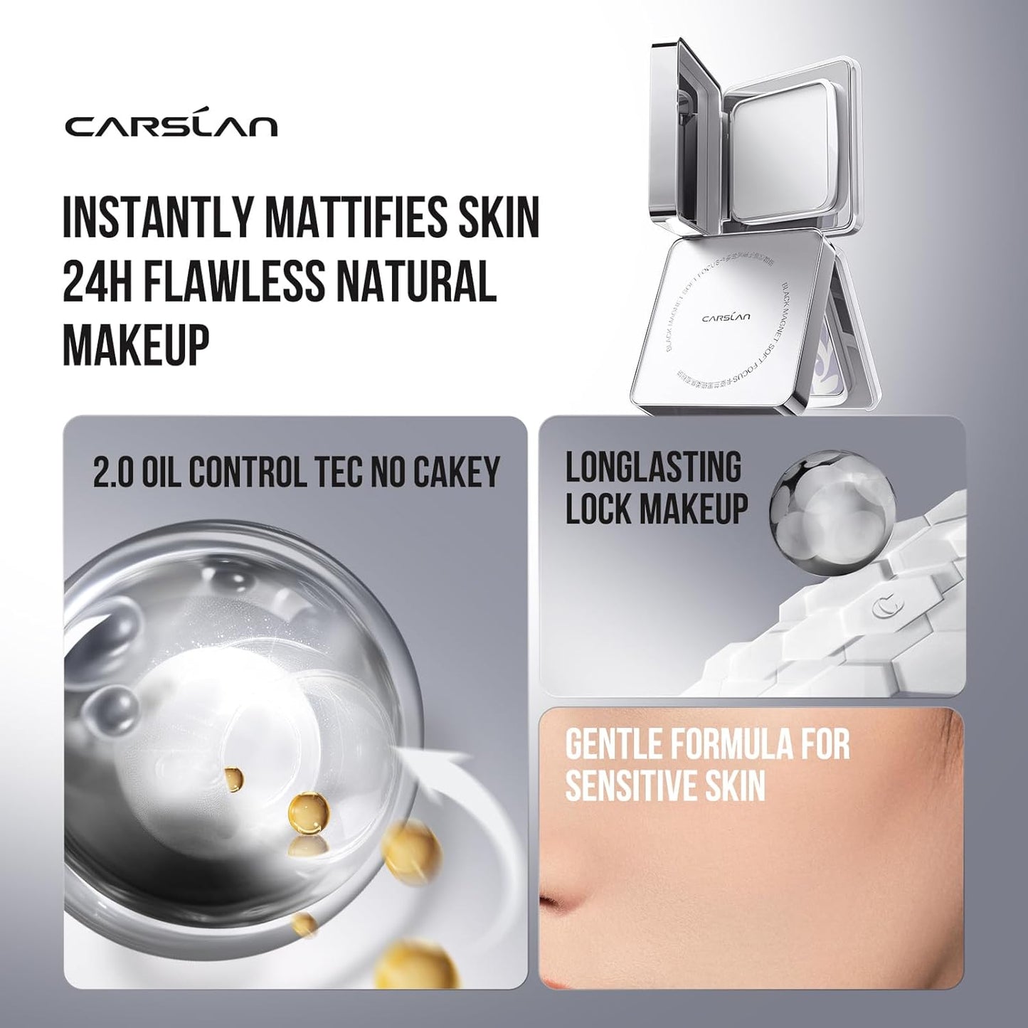 CARSLAN 2.0 Black Magnet Soft Focus Powder, Waterproof Translucent Pressed Setting Powder, 24H Longlasting Talc-Free Face Powder, Oil Control Compact Makeup,03 Blue Purple For Sensitive Skin, 0.28Oz